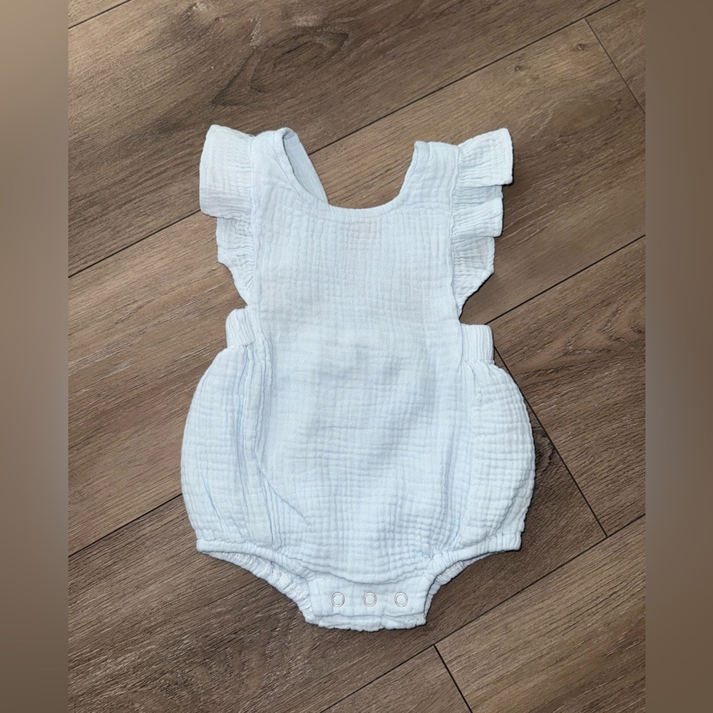 Stitchy Fish • Light Blue Muslin Bubble • Baby Romper • 3  Months